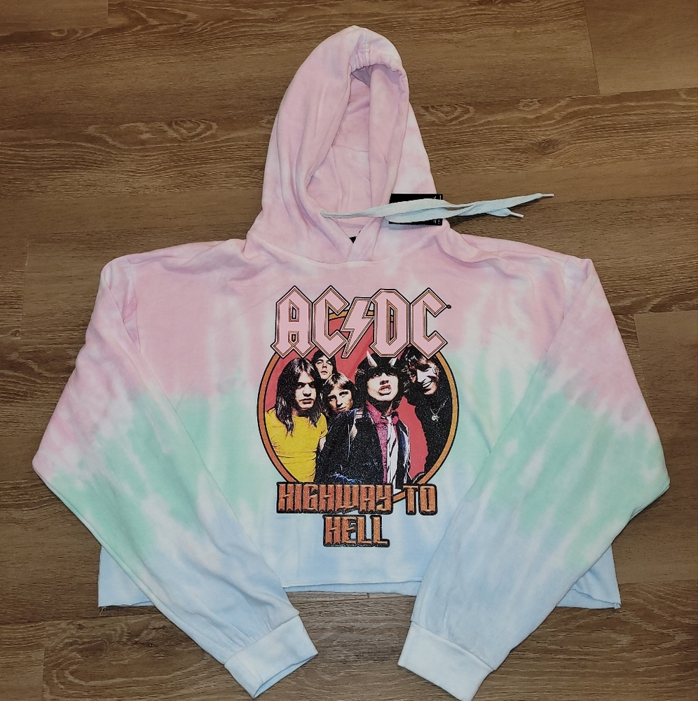 AC/DC HIGHWAY TO HELL CROPPED HOODIE SWEATSHIRT TIE DYE WOMEN’S XL New